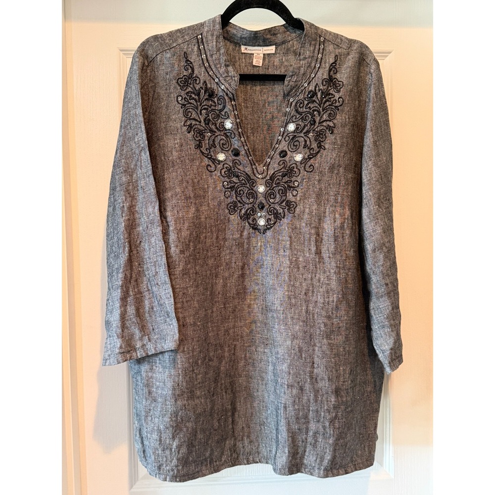 JM Collection Women 18W Grey Linen V Neck Embellished Tunic Boho Artsy